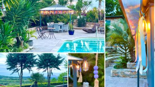 a collage of photos of a pool and a house at Chambre (salle de bain privée), piscine, jardin, parking in Anglet