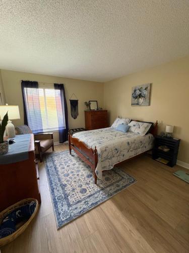 a bedroom with a bed and a rug at The Corner Cottage in Palm Harbor