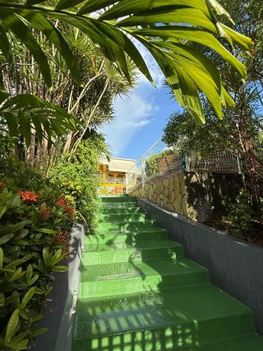 una scala verde con erba verde e piante di VILLA SAFRAN a Sainte-Anne
