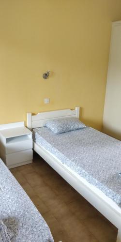 a bedroom with two beds and a yellow wall at Thaleia Studios & Apartments in Kavos