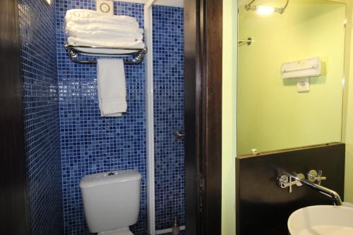 a bathroom with a toilet and a sink and a mirror at Casa do Rio Fervença in Bragança