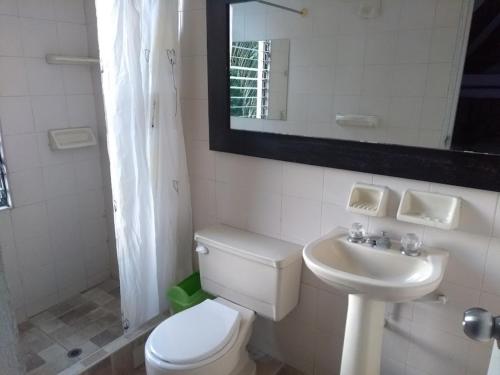 a bathroom with a toilet and a sink and a mirror at Melgar Casa Piedras del Agua in Estación El Salto