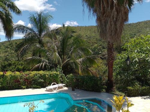 a swimming pool with two palm trees and a hill at Melgar Casa Piedras del Agua in Estación El Salto