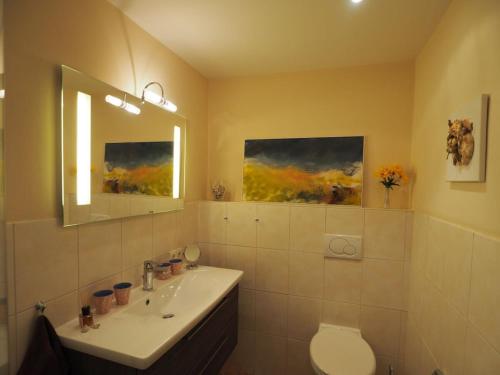 une salle de bain avec un lavabo, des toilettes et un miroir dans l'établissement Süderhof Apartment 2, à Keitum