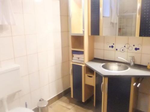 a small bathroom with a sink and a mirror at Holiday apartment Hochwald in Prosterath