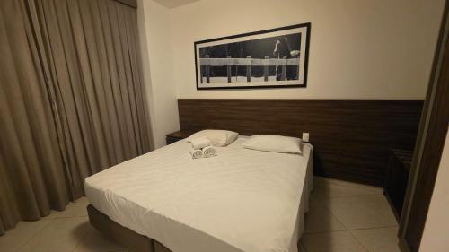 a bed in a bedroom with a picture on the wall at Apartamento Barretos Park Hotel in Barretos