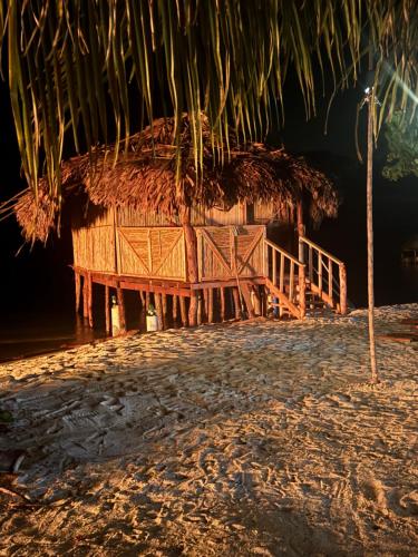 a hut with a thatched roof on a beach at San Blas Cayos Holandeses, Anaimar 