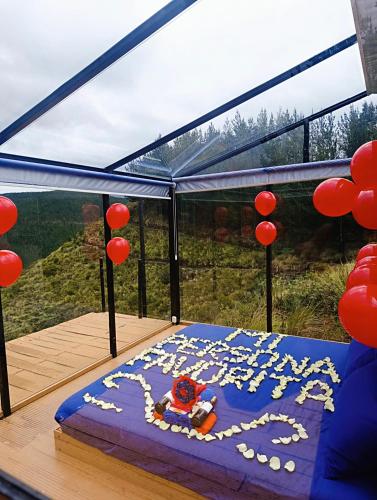 ein Kuchen auf einem Tisch in einem Zelt mit roten Luftballons in der Unterkunft CotopaxGlam in Latacunga