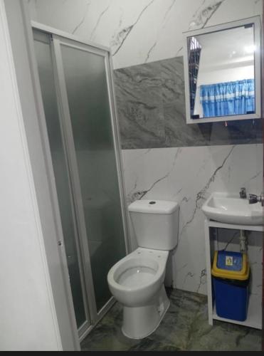 a bathroom with a shower and a toilet and a sink at elisatransienthouse in Labac