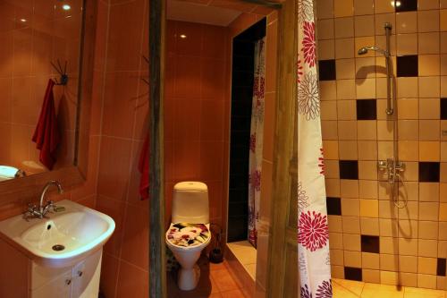 La salle de bains est pourvue d'un lavabo, de toilettes et d'une douche. dans l'établissement Sveču darbnīca Bandeniekos, à Ošlejas
