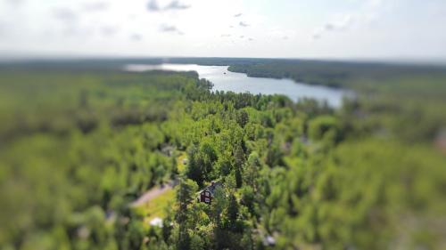 an aerial view of a river with trees and a house at Villa Berget in Fröseke