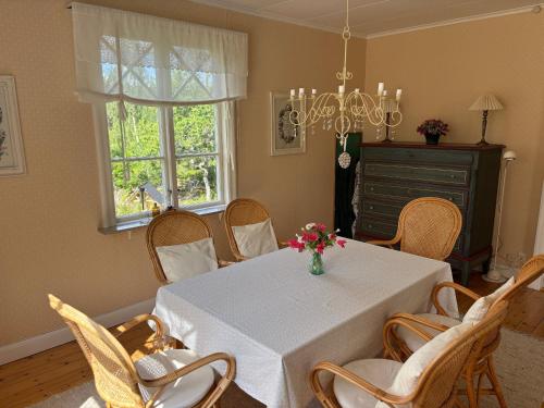 a dining room with a white table and chairs at Villa Berget in Fröseke