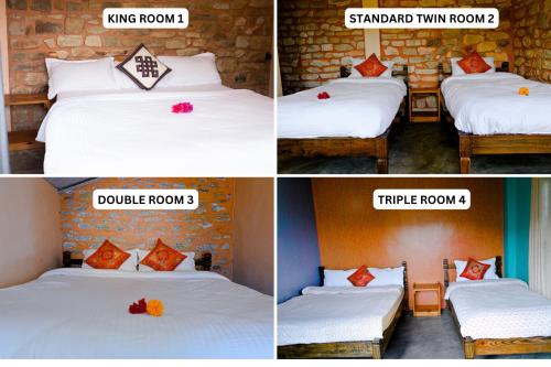 three pictures of a bedroom with two beds with orange pillows at Barang Village Community Homestay in Pokhara