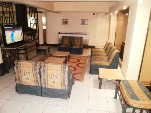 un grand salon avec des canapés et une télévision dans l'établissement Hotel Milena, à Mendoza
