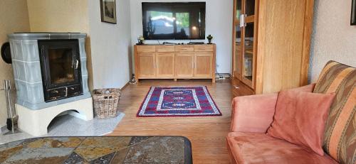 a living room with a fireplace and a tv at Nordsee-1 in Vollerwiek