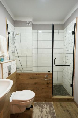 a bathroom with a shower with a toilet and a sink at Pana Unique Kolsay in Kurmenty