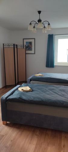 a bedroom with two beds and a window at Yellow in Miltenberg