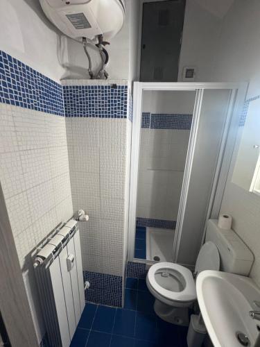 a blue and white bathroom with a toilet and a sink at Angolo center in Turin