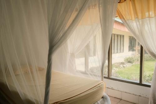 a bed in a room with a window at Ecolodge Bukit Lawang in Bukit Lawang