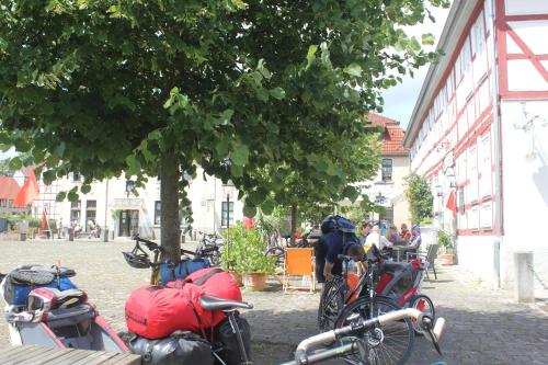 a group of bikes parked under a tree on a street at Hotel Alte Posthalterei in Creuzburg