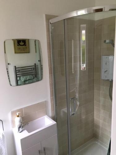 a bathroom with a shower and a sink at Cherry Tree Guesthouse in Bradford on Avon