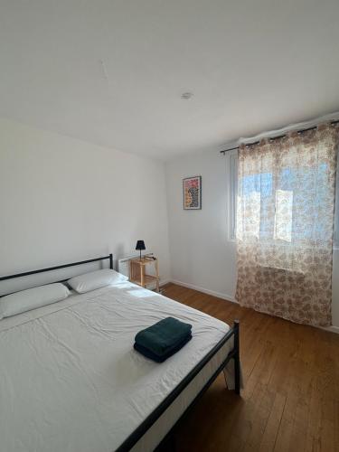 a bedroom with a bed with a green pillow on it at Appartement rez de chaussée coup de cœur Confort et charme Parking gratuit in Roanne
