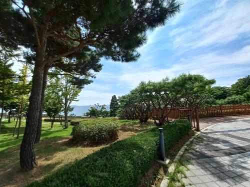 a park with trees and a wooden fence at 스카이스타호텔 in Incheon