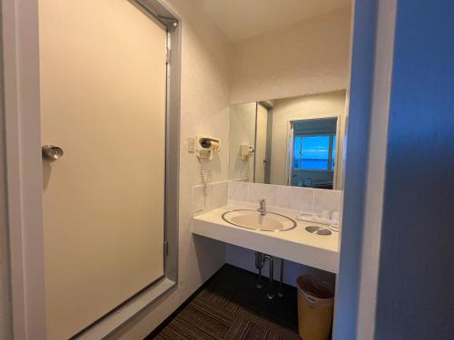a bathroom with a sink and a mirror at サンホテル大間 in Ōma