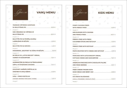 two pages of a menu for a restaurant at Suncity Hotel & SPA in Šiauliai