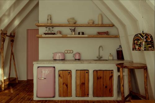 a kitchen with a counter with a pink refrigerator at Agropensiune WakePark Eco Hotel 