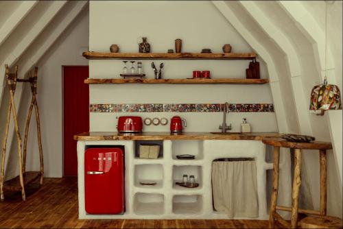 a small kitchen with a red stove in a room at Agropensiune WakePark Eco Hotel 