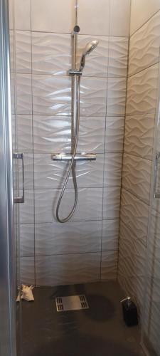 a shower in a bathroom with a metal wall at Chambre bleue avec accès plage in Bourges
