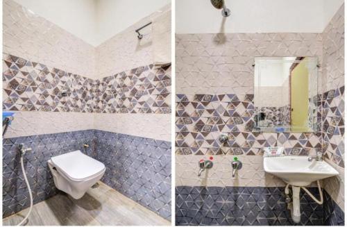 two pictures of a bathroom with a toilet and a sink at HoTEL APPLE GRAND in Vijayawāda