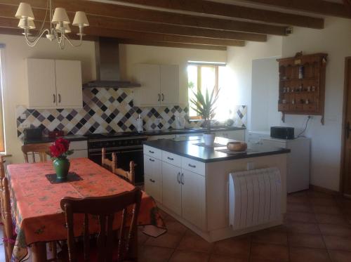 a kitchen with a table and a counter top at La Croix Saint Gilles in Langourla