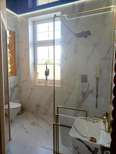 a bathroom with a shower and a sink at Apartament w Tucholi in Tuchola