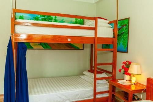 a bedroom with two bunk beds and a desk at Phong Nha Cherish Homestay in Bố Trạch