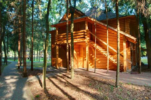 a log cabin in the woods with trees at Sherwood Hotel in Dovgomostys”ka