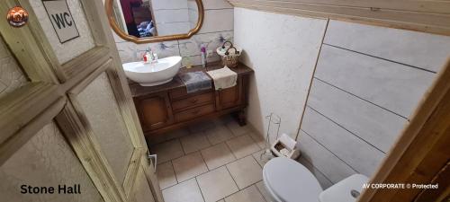 an overhead view of a bathroom with a toilet and sink at Vilimu Sodyba - Stone Hall in Kriukai