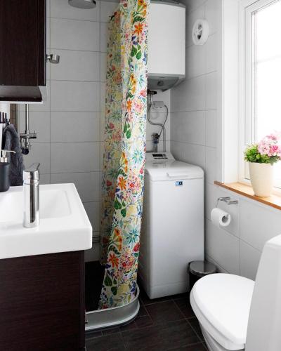 a bathroom with a toilet and a shower curtain at Backes Lillstuga in Borlänge