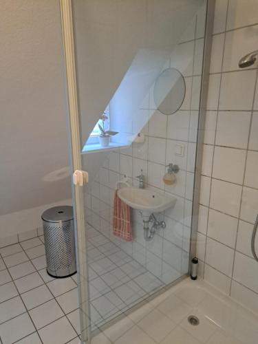 a bathroom with a sink and a shower at Ferienhaus Hörbach - Die kleine Auszeit in Herborn