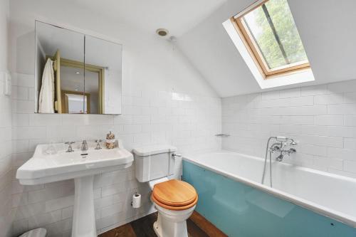 ein Badezimmer mit Toilette, Waschbecken und Badewanne in der Unterkunft Pelsham Farm Cottage in Peasmarsh