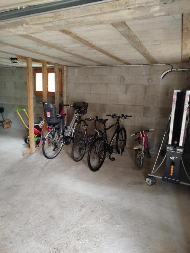 a group of bikes parked in a garage at Chalet Le Petit Prince in Saffloz