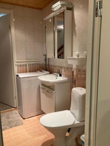 Un baño con un inodoro blanco y un lavabo. en Hiihtäjänkuja 5 A 3 Visit Levi, en Levi