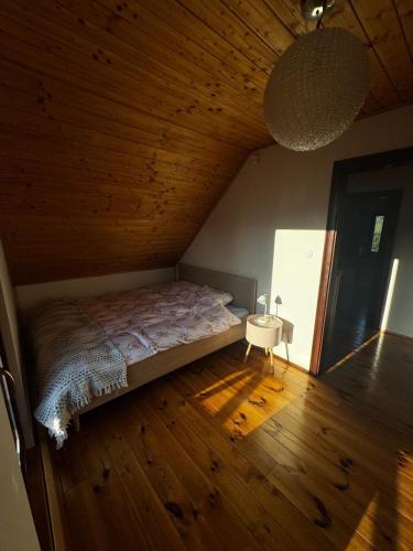 a bedroom with a bed and a wooden floor at Malinowa na polu in Skorka
