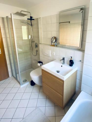 a bathroom with a sink and a shower and a toilet at SeeSternchen in Überlingen