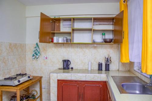 a small kitchen with a sink and a counter at Cool & Calm Home in Homa Bay