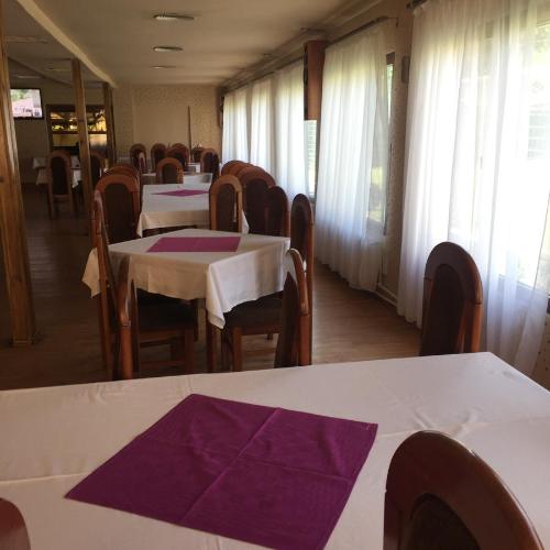 a dining room with tables and chairs with purple napkins at Pensiune Restaurant Casa Sofia in Petroşani