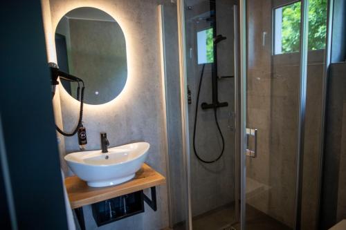 a bathroom with a sink and a shower at Luchs Quartier Hahnenklee in Hahnenklee-Bockswiese