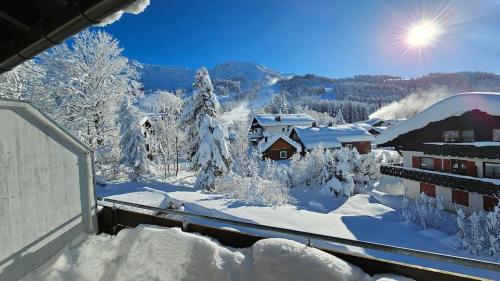 Blick auf ein schneebedecktes Dorf mit Bäumen und Gebäuden in der Unterkunft Spatz am Joch Zeit für Berge in Bad Hindelang