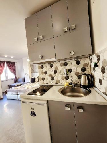 a kitchen with a sink and a counter top at Apartments Ohrid Lake in Ohrid